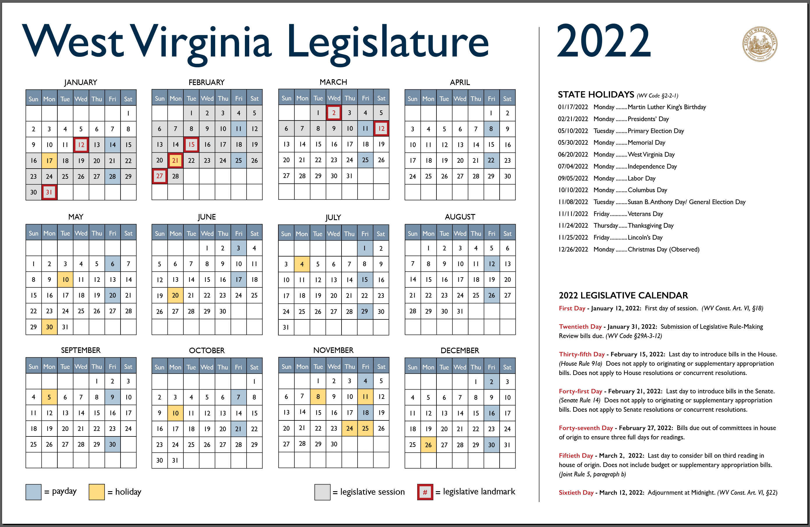 2022 Legislative Calendar