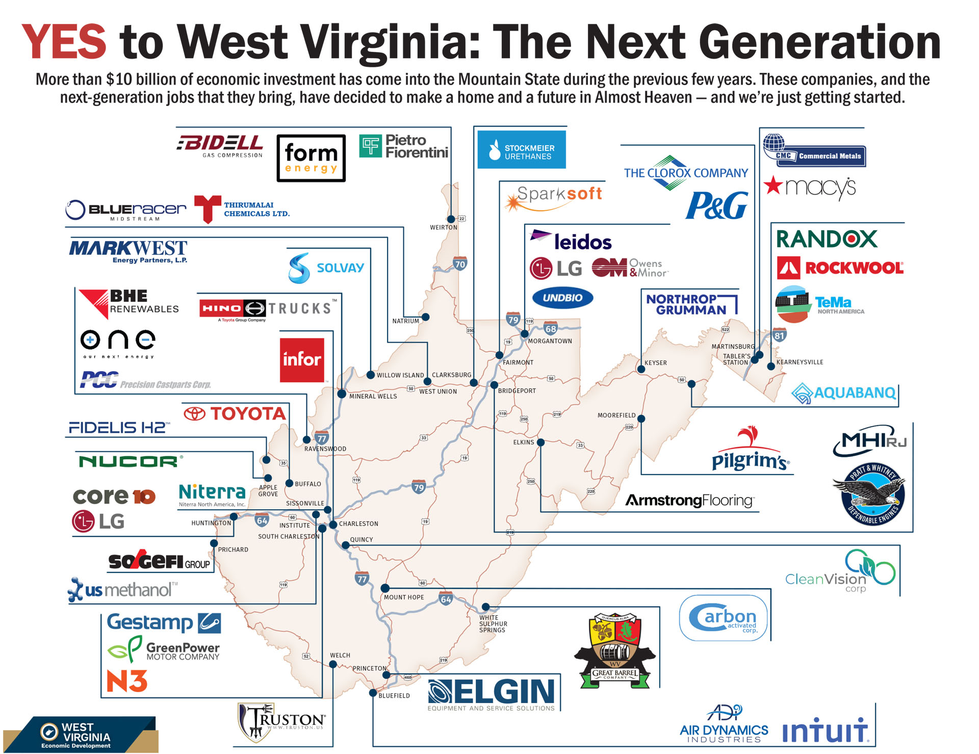 Map of WV with locations of businesses