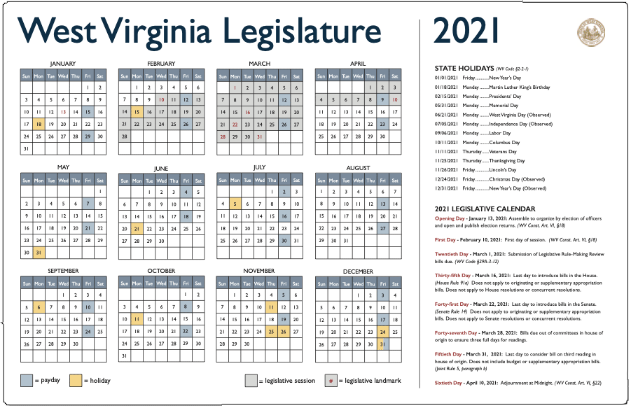 2021 Legislative Calendar